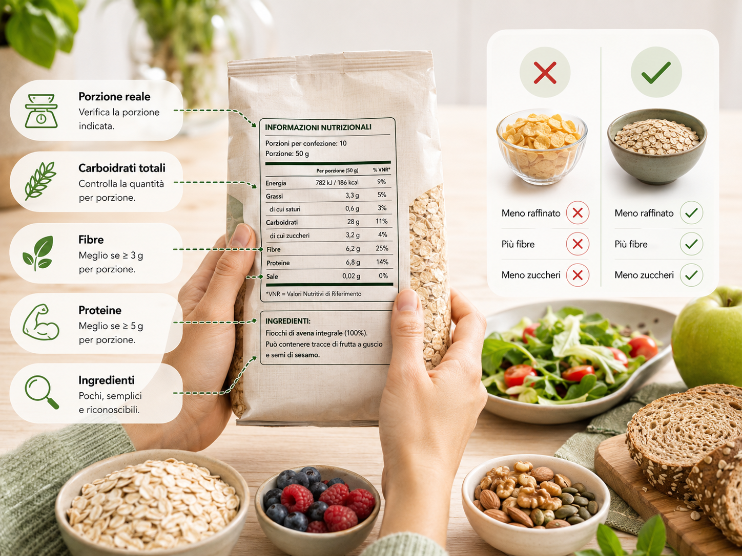 Confronto delle etichette alimentari per scegliere un prodotto con meno carboidrati raffinati, più fibre e proteine e limitare i picchi glicemici.