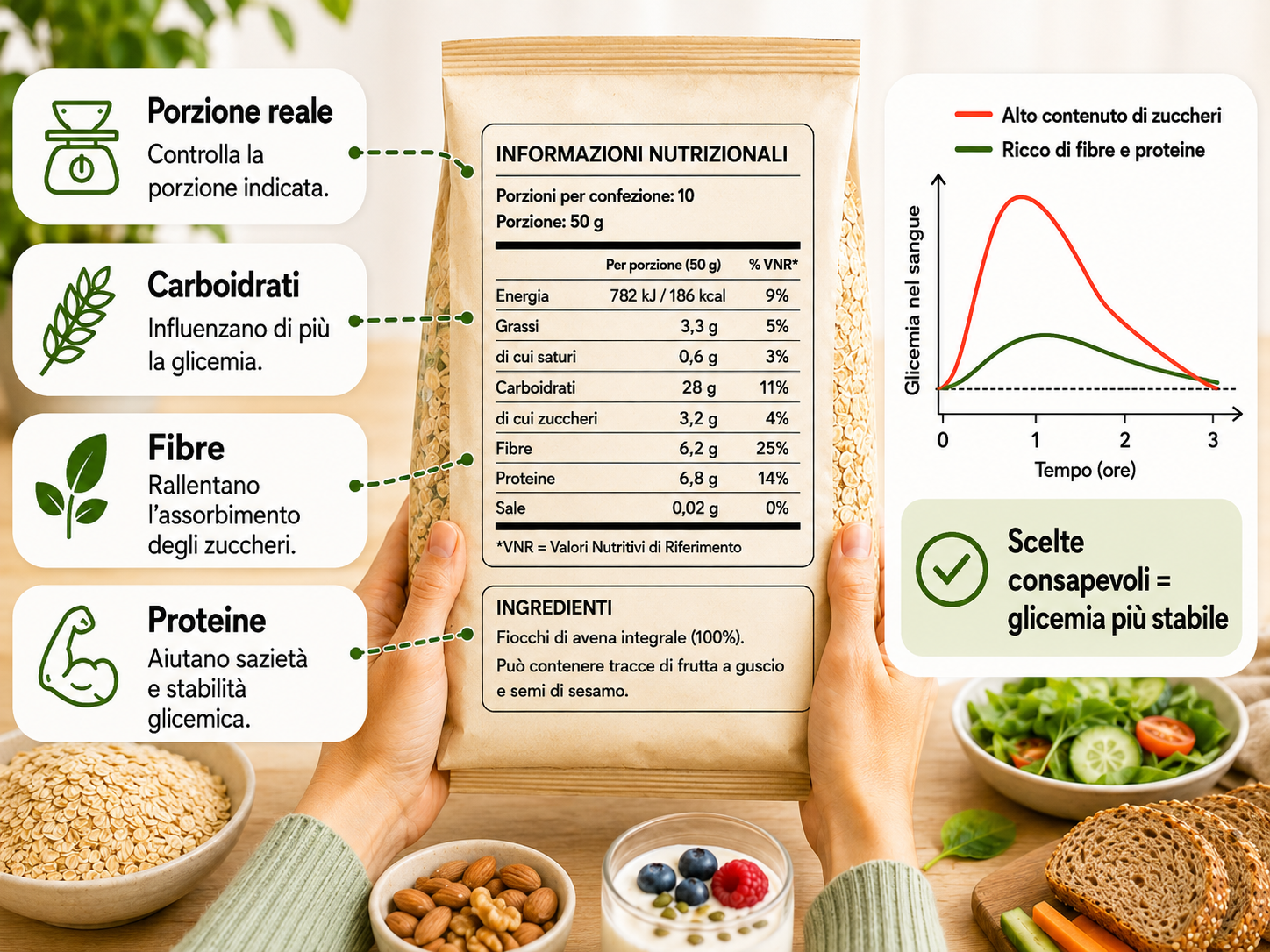 Lettura dell’etichetta alimentare con confronto tra carboidrati, fibre, proteine e risposta glicemica per limitare i picchi di glicemia.