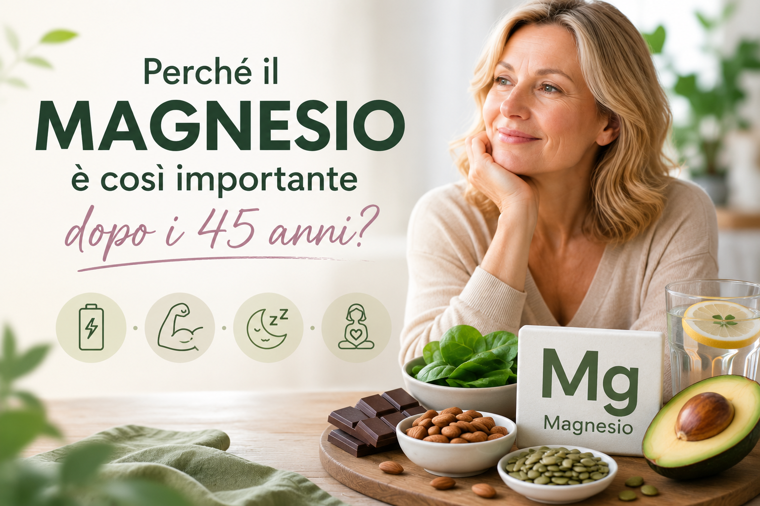 Donna over 45 circondata da alimenti ricchi di magnesio. L'immagine illustra il ruolo del magnesio nel supportare energia, muscoli, recupero fisico, sonno e gestione dello stress durante la menopausa.