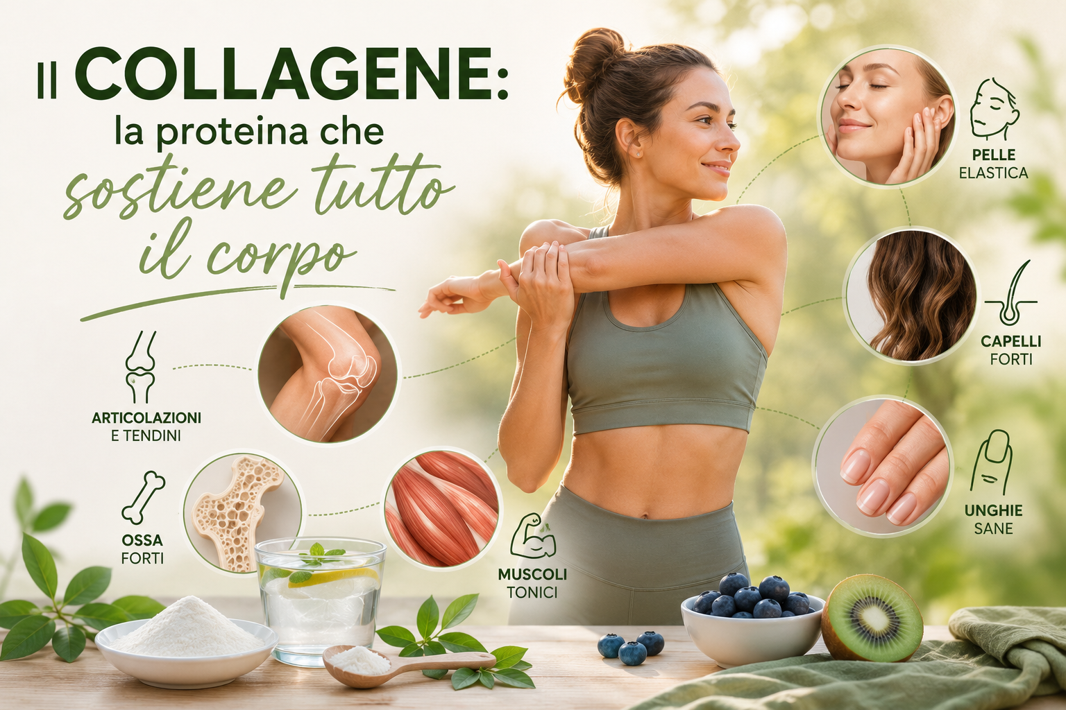 Donna sportiva che rappresenta i benefici del collagene sull'organismo. L'immagine illustra il ruolo del collagene nel supporto di pelle elastica, capelli forti, unghie sane, muscoli tonici, ossa e articolazioni.