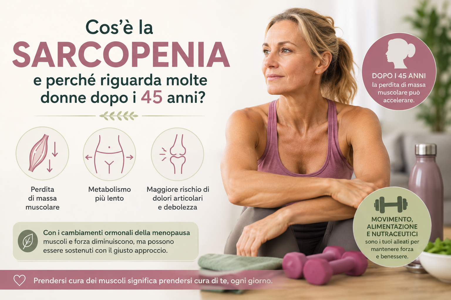Donna over 45 che rappresenta la sarcopenia femminile. L'immagine illustra la perdita di massa muscolare, il rallentamento del metabolismo e l'aumento dei dolori articolari associati alla menopausa.