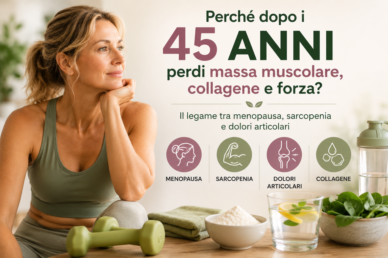 Perdita di massa muscolare e collagene dopo i 45 anni: infografica sul rapporto tra menopausa, sarcopenia, dolori articolari e benessere femminile.