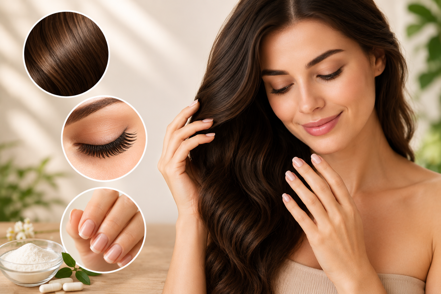 Donna con capelli lunghi e lucenti che accarezza la chioma, con dettagli di capelli, ciglia e unghie in evidenza, simbolo della bellezza e del benessere di capelli, ciglia e unghie.