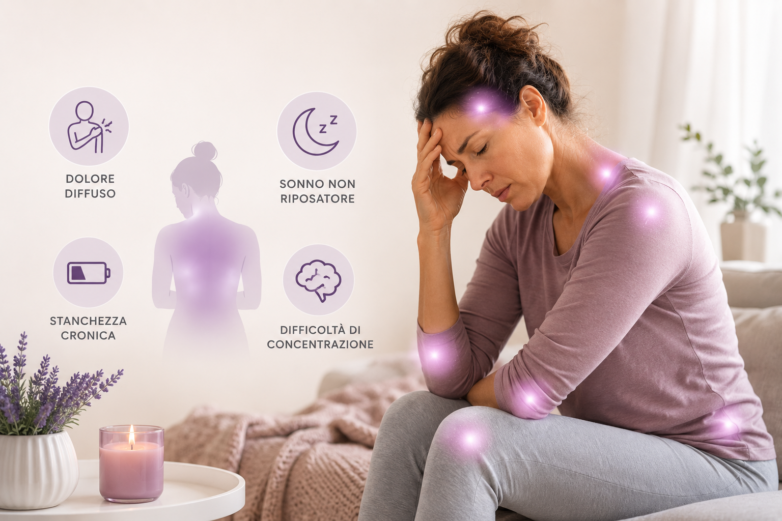 Fibromialgia: rappresentazione dei sintomi più comuni come dolore muscolo-scheletrico diffuso, affaticamento cronico, sonno non ristoratore e fibro fog.
