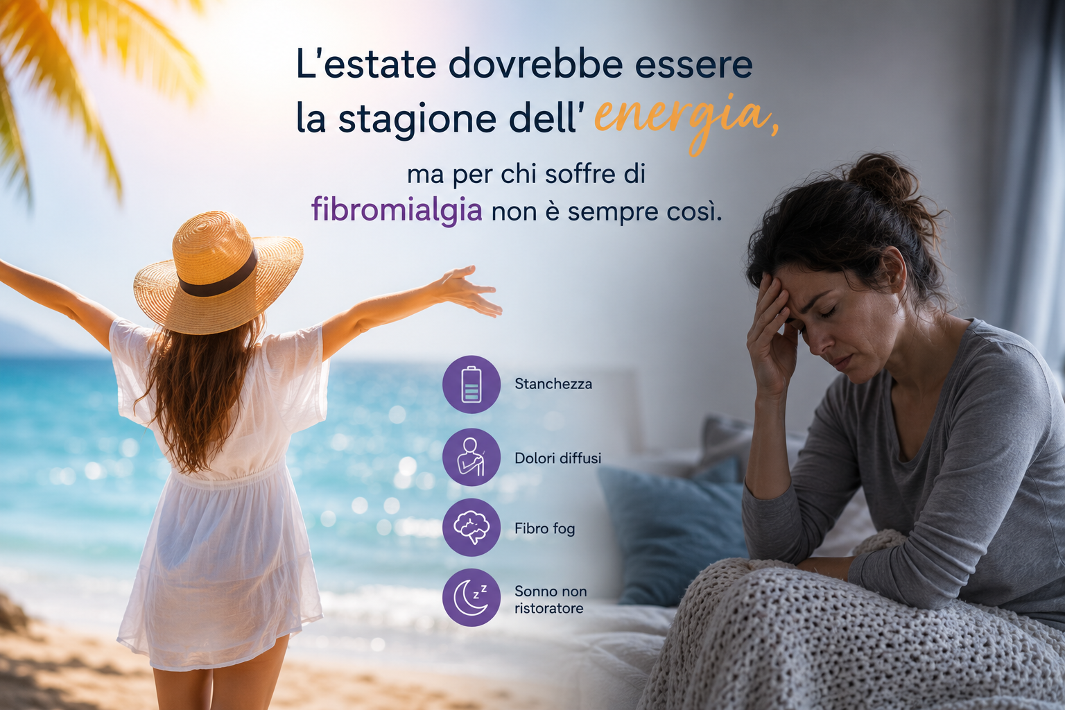 Fibromialgia in estate: stanchezza cronica, dolori muscolari diffusi e difficoltà di concentrazione aggravati dal caldo.