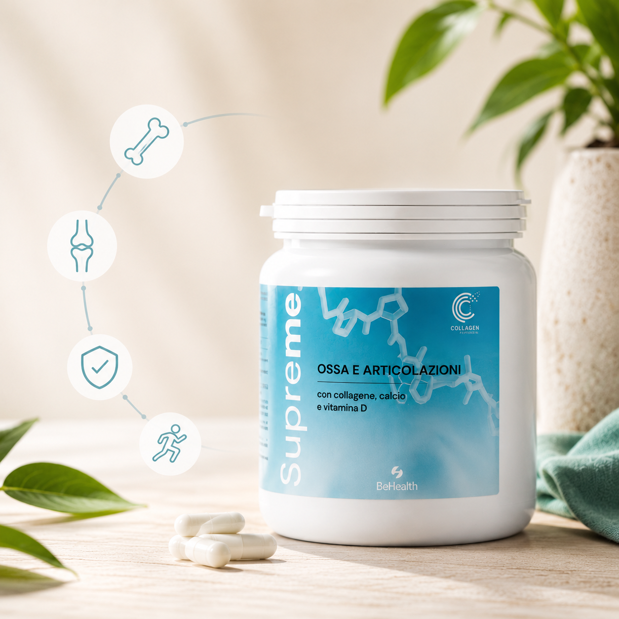 Supreme Ossa e Articolazioni BeHealth, integratore alimentare con collagene idrolizzato, calcio, magnesio, vitamina D3 e vitamina K2 per sostenere il metabolismo osseo, il benessere articolare e la mobilità nel tempo.