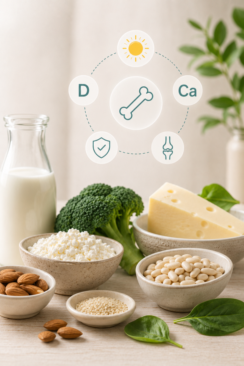 Vitamina D e calcio: alimenti ricchi di nutrienti essenziali per la salute ossea, tra cui latte, formaggio, broccoli, mandorle e legumi, in un contesto dedicato alla prevenzione della fragilità ossea.