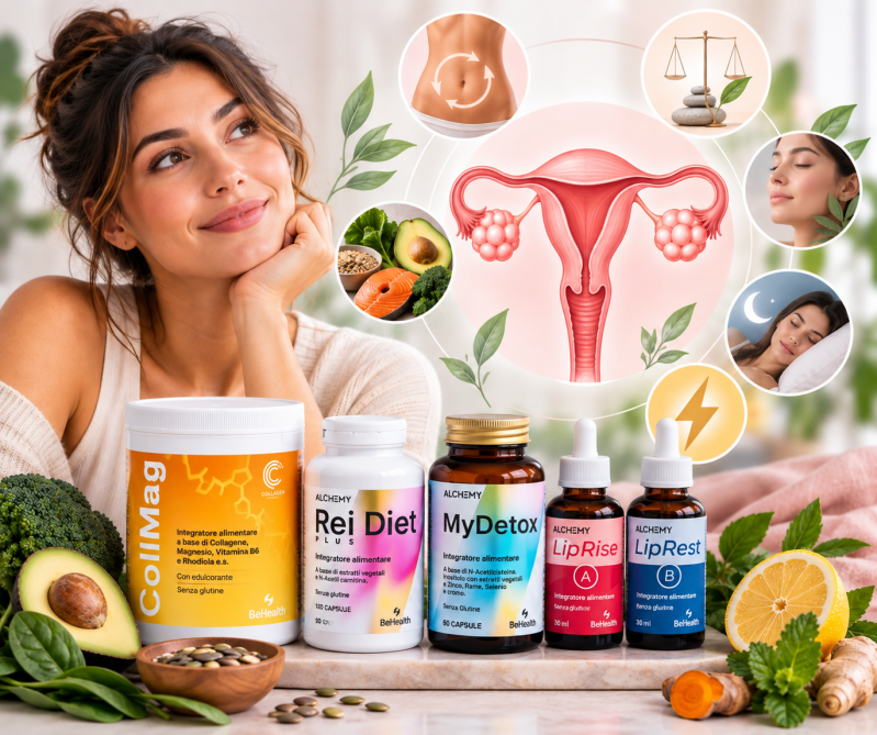 Integratori per PCOS e micronutrizione: CollMag, Rei Diet, LipRise, LipRest e MyDetox in una strategia personalizzata per metabolismo, insulino-resistenza, stress e benessere.