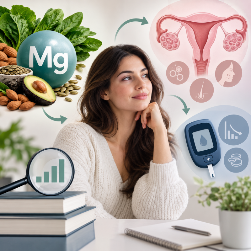 Magnesio, PCOS e insulino-resistenza: donna con sindrome dell’ovaio policistico, alimenti ricchi di magnesio e rappresentazione del metabolismo glicemico.