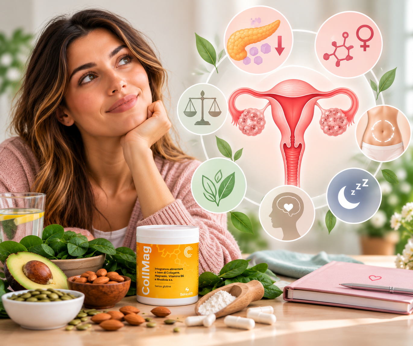 Donna con PCOS, CollMag e alimenti ricchi di magnesio: supporto micronutrizionale per sindrome dell’ovaio policistico, metabolismo e insulino-resistenza.