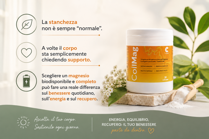 Immagine informativa sul legame tra magnesio biodisponibile, collagene e stanchezza cronica con prodotto CollMag BeHealthGlobal, energia, recupero muscolare, benessere quotidiano e supporto articolare. Design naturale e moderno con colori beige e verde.