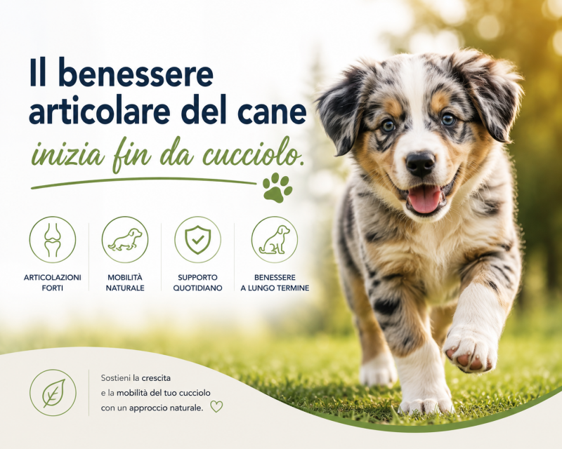 Benessere articolare del cane fin da cucciolo con supporto naturale per mobilità, cartilagini e crescita sana di un cucciolo attivo.