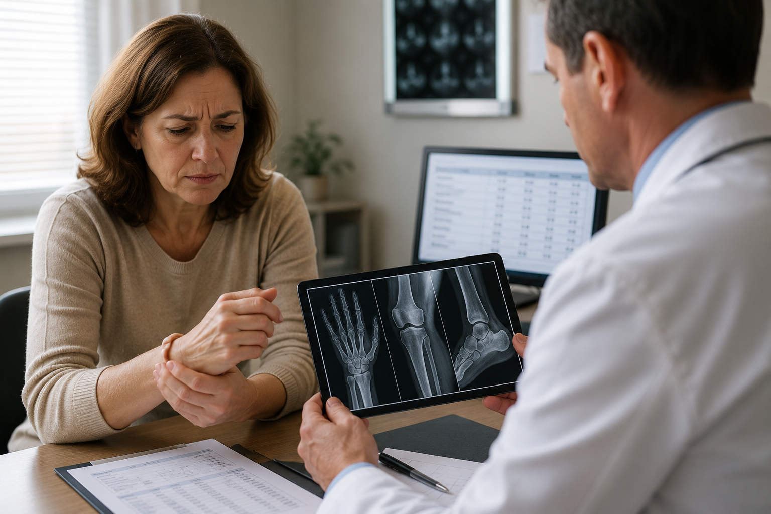 Donna con dolori articolari durante una visita medica mentre osserva radiografie delle articolazioni. Immagine sul legame tra infiammazione, rigidità articolare, stress e carenze nutrizionali.
