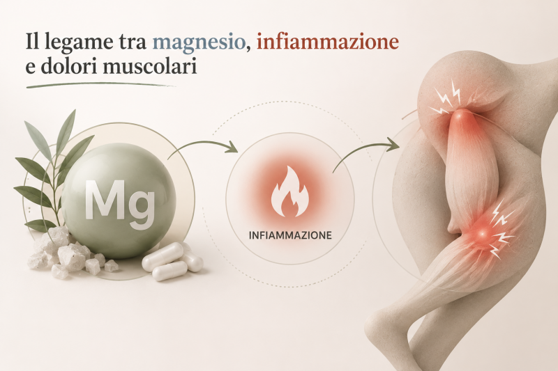 > Illustrazione del legame tra magnesio, infiammazione e dolori muscolari. Carenza di magnesio, rigidità articolare, tensioni muscolari e infiammazione silenziosa: il ruolo del magnesio biodisponibile nel benessere muscolare e nel recupero fisico.