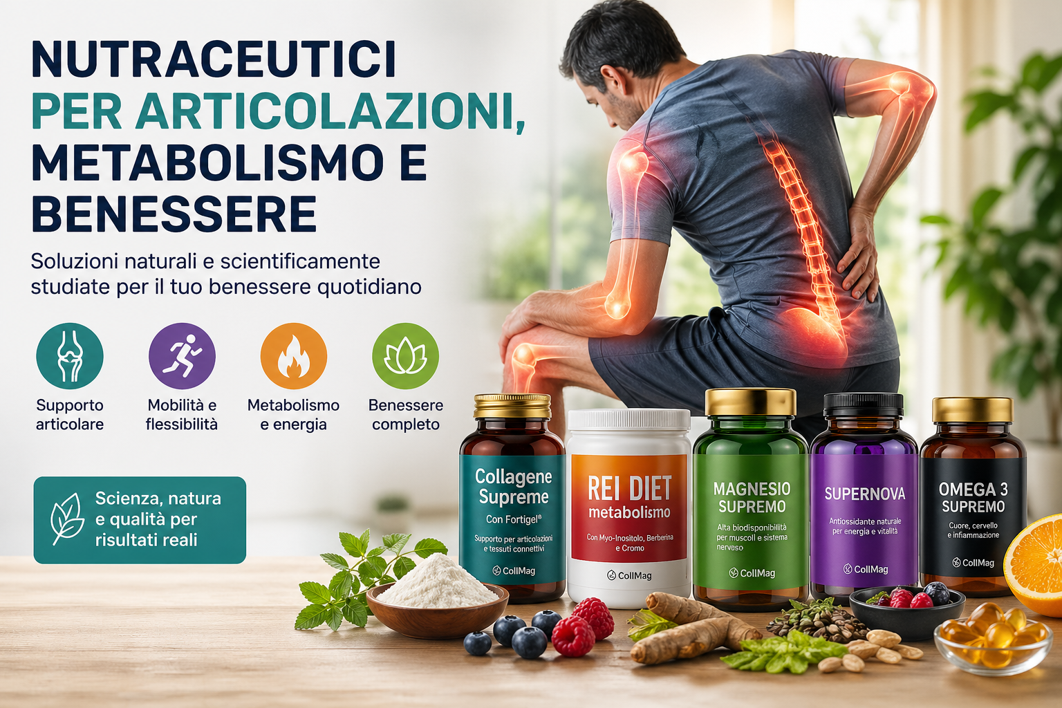 Nutraceutici per articolazioni, metabolismo e benessere con collagene e magnesio per dolori articolari e rigidità