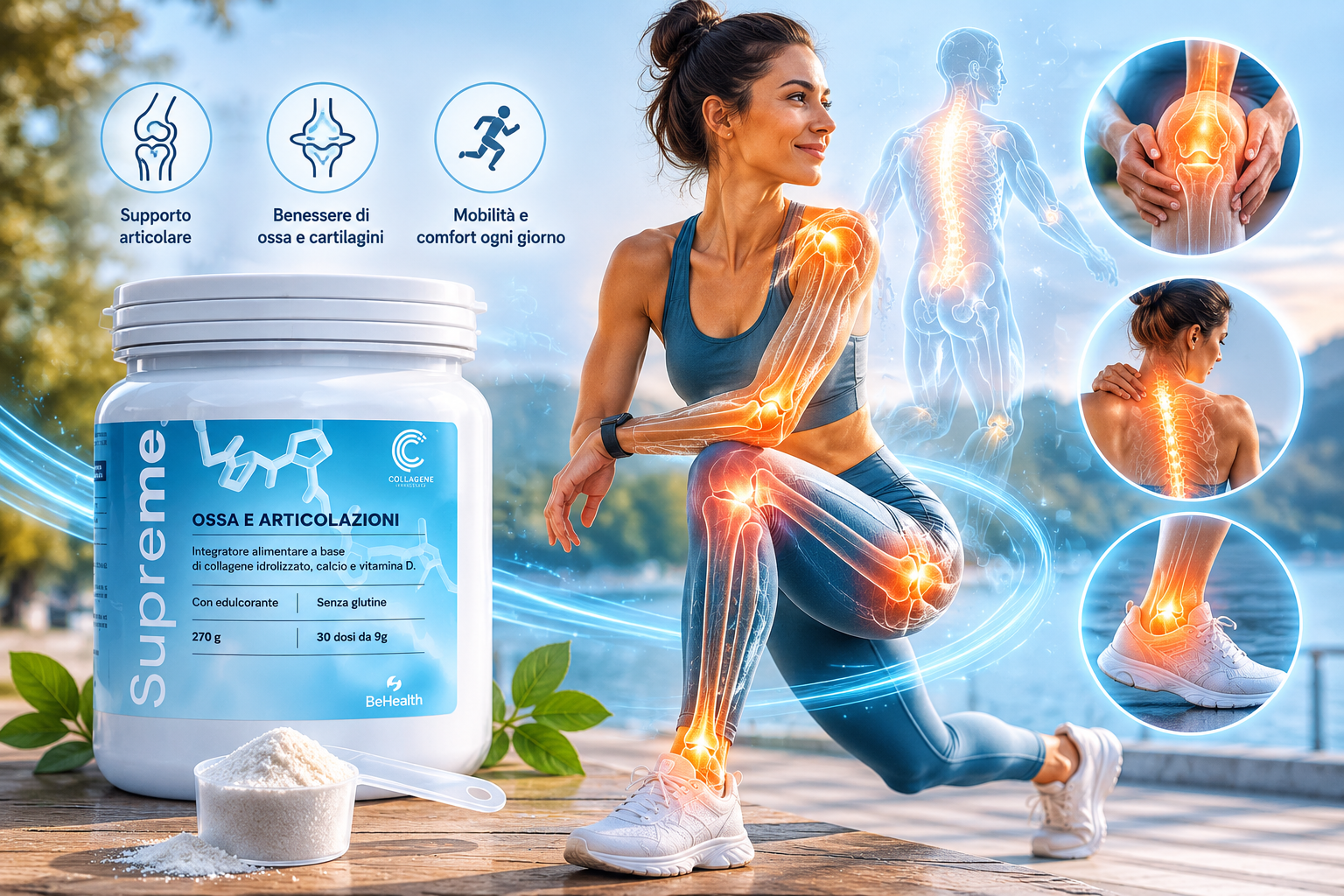 Supreme Ossa e Articolazioni BeHealthGlobal per il benessere articolare, mobilità quotidiana, supporto della cartilagine e comfort nei movimenti con collagene idrolizzato.