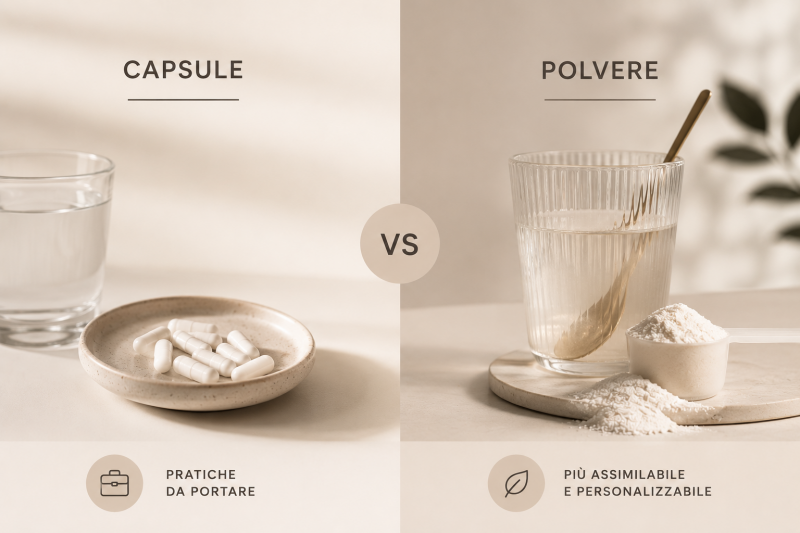 Confronto tra magnesio bisglicinato in capsule e magnesio in polvere biodisponibile per assimilazione, praticità quotidiana, recupero muscolare, stress e benessere articolare