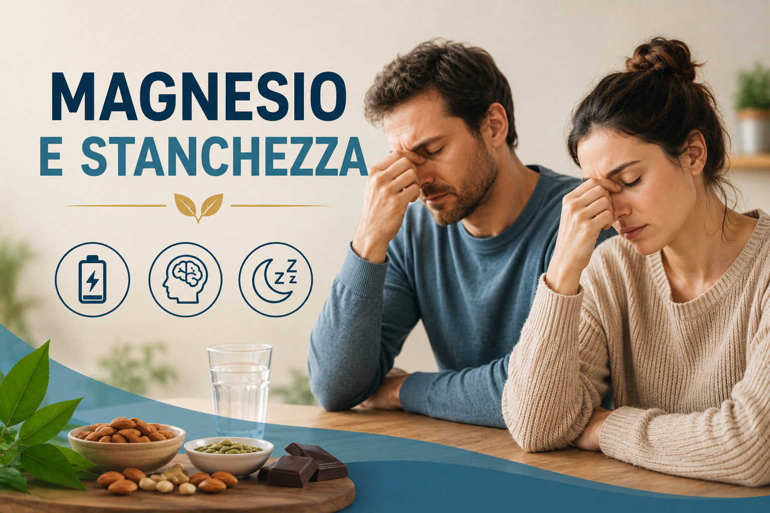 Uomo e donna stanchi con segni di affaticamento e stress in immagine informativa su magnesio e stanchezza. Concetto di energia, recupero, sonno e benessere con alimenti ricchi di magnesio e stile naturale moderno.