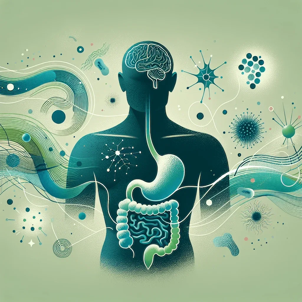 Schema asse intestino cervello con microbiota intestinale, sistema nervoso e digestione, legato a stress, ansia e salute intestinale