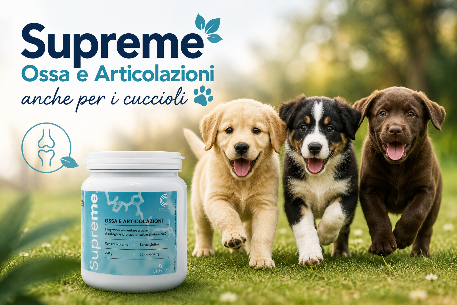 Supporto naturale con collagene per articolazioni, cartilagini e mobilità dei cuccioli con Supreme Ossa e Articolazioni e tre cani cuccioli che corrono sull’erba.