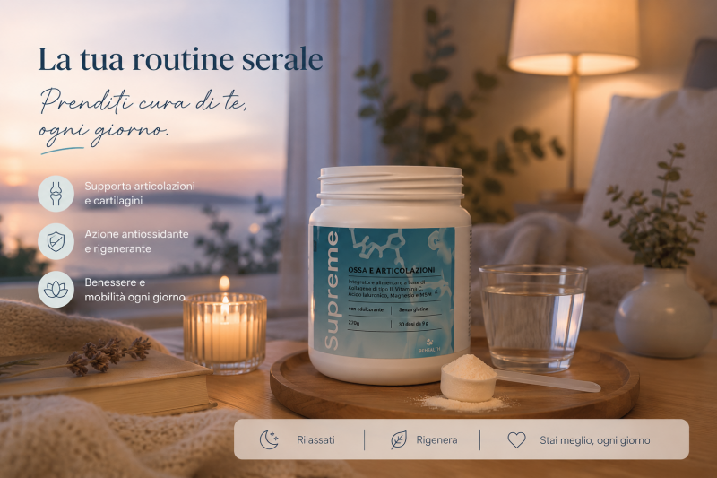 Routine serale con Supreme Ossa e Articolazioni in ambiente rilassante, supporto per articolazioni, collagene, mobilità e benessere muscolare in stile caldo e naturale.