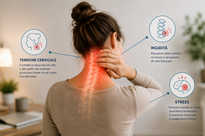Illustrazione dei sintomi legati a rigidità cervicale, stress e tensione muscolare che possono provocare mal di testa e dolore alla nuca.