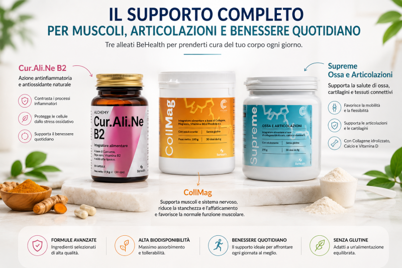 Spiegazione degli integratori per supporto muscolare, articolare e benessere quotidiano, utili per tensione cervicale, rigidità e stress.