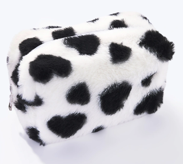 Make-up Tasje van Imitatiebont met Hartpatroon - Wit Zwart
