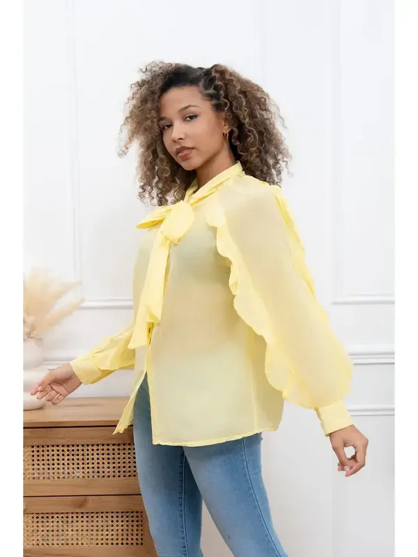 Langärmlige Baumwoll-Voile-Bluse mit Rüschen - Einheitsgröße M/XXL