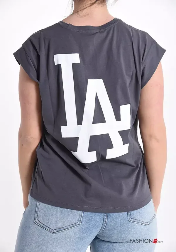 T-Shirt mit V-Ausschnitt und "L. A." Print