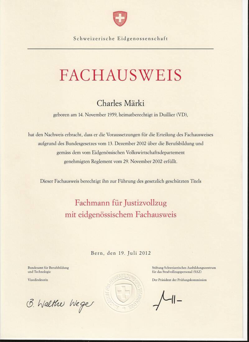 Fachausweis - Fachmann für Justizvollzug mit eidgenössischem Auswei