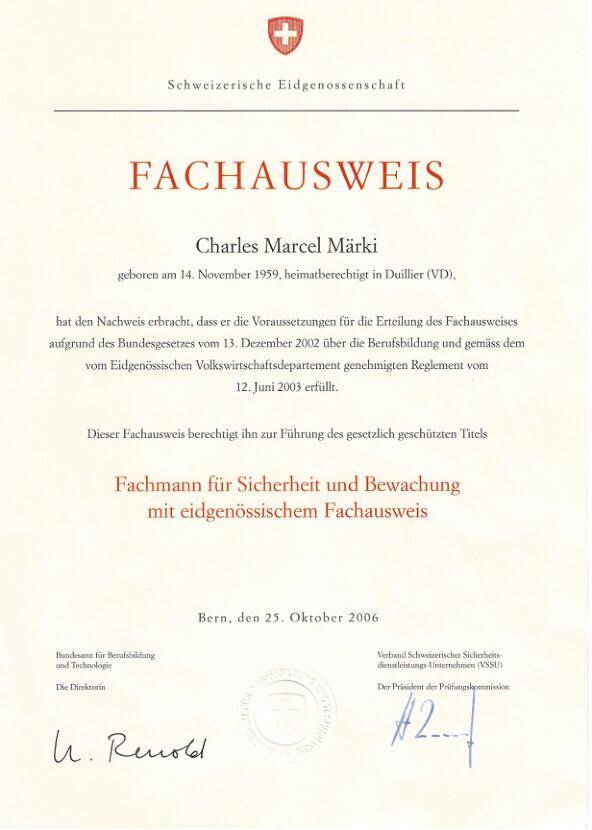 Fachausweis - Fachmann für Sicherheit und Bewachung mit eidgenössischem Auswei