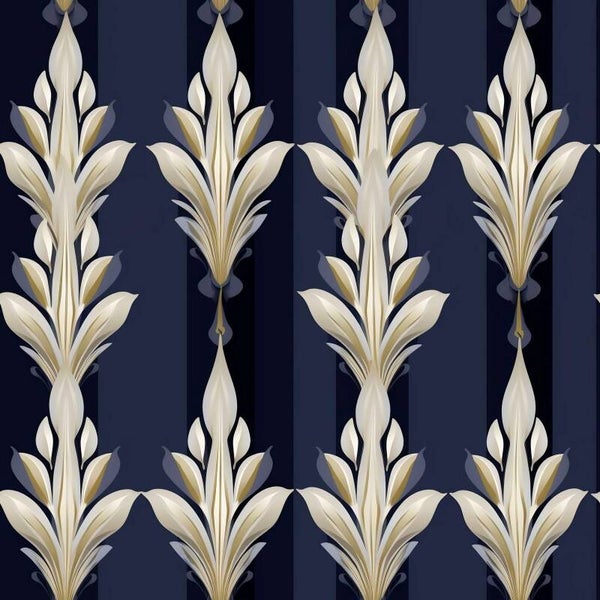 Blue and White Floral Abstract Wallpaper with Gold Accents