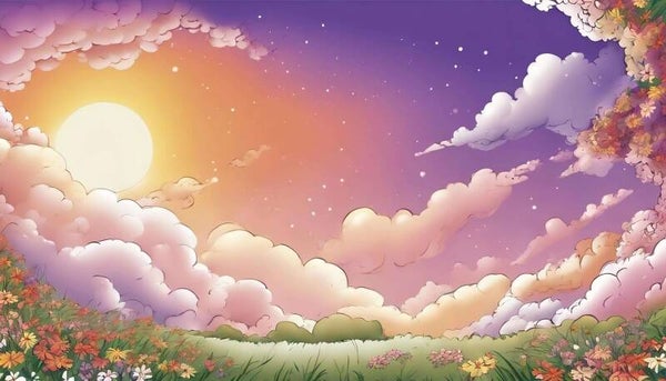 Cartoon Landscape with Clouds and Flowers Wallpaper
