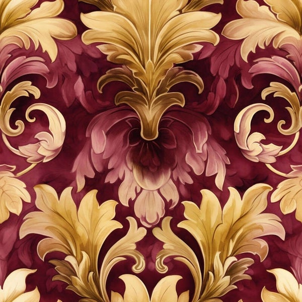 Ornate Red and Gold Floral Pattern on Maroon Background
