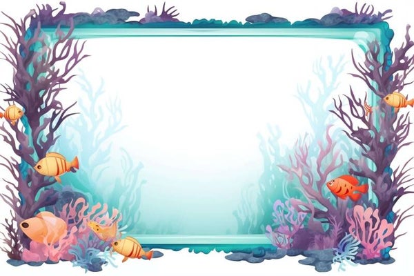 Underwater Frame with Corals and Fishes on White Background