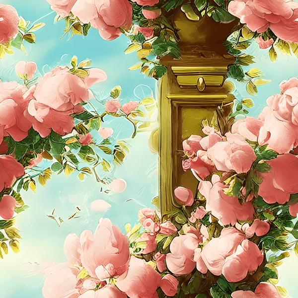 Clock Tower with Pink Flowers and Birds