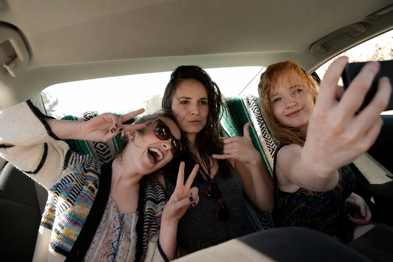 Happy tourists taking a selfie in the backseat of a comfortable taxi transfer to hotels and resorts in Biograd na Moru.
