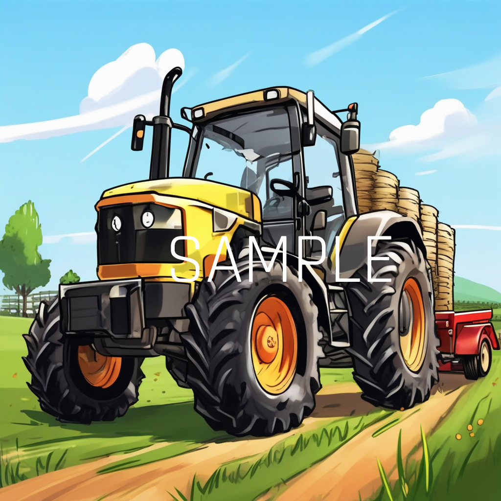 1 Farm Tractor with Trailor Yellow Color Working in the Field, PNG for Sale, for Shirts, Caps, and many moore -04- License: MRR