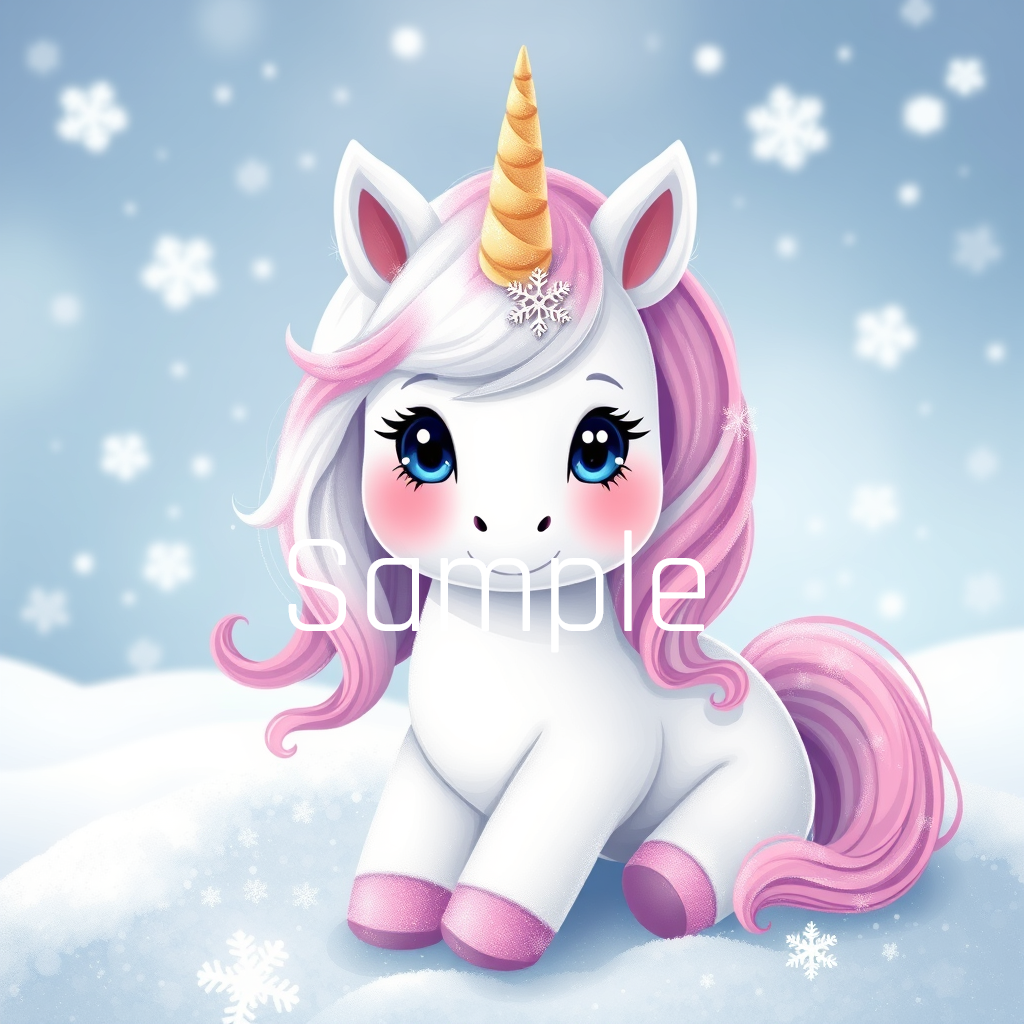 1 Cute Baby Unicorn in Winter & Snow PNG for Sale, for Shirts, Caps, and many moore -04- License: MRR