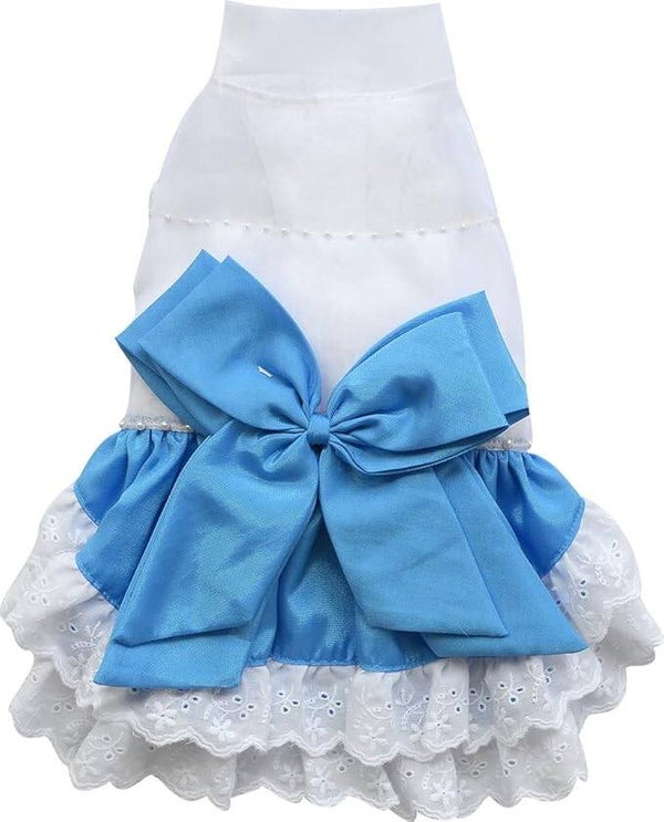 DoggyDolly D357  (43)  Abendkleid für Hunde mit Spitze und Perlen, blau/weiß