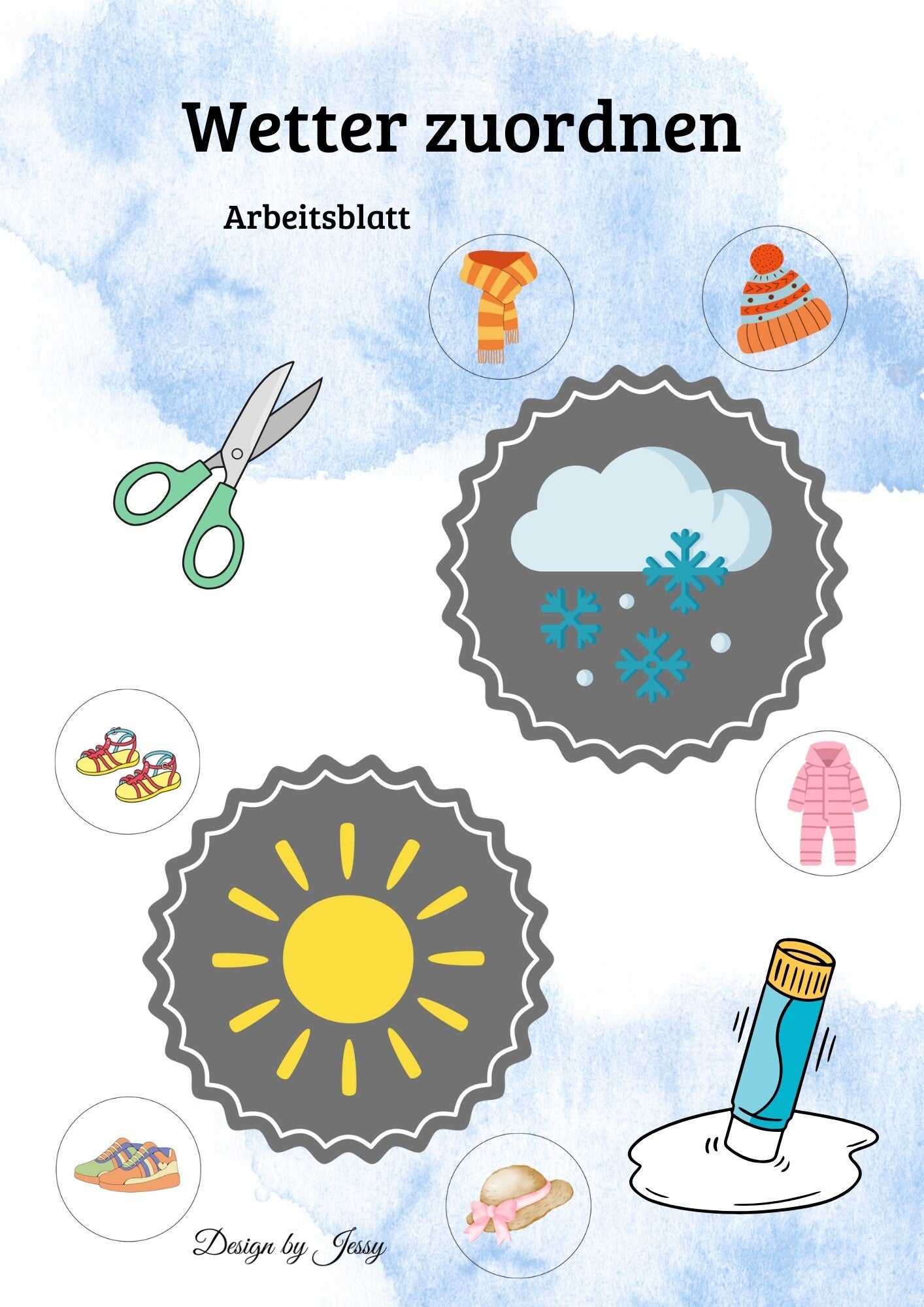 Arbeitsblätter Kleidung und Wetter – zuordnen, schneiden & kleben