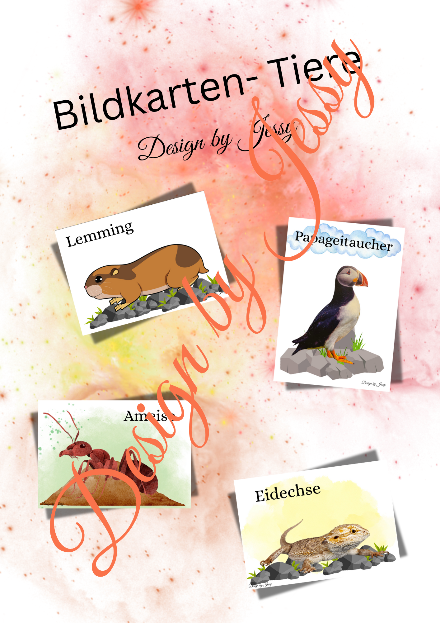 Bildkarten Tiere auf A5 – mit Hintergrund und Namen