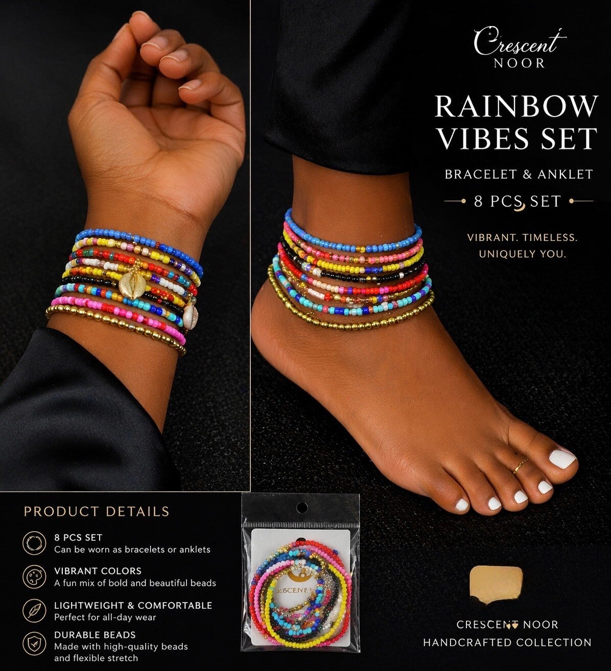 Rainbow Vibes Bracelet & Anklet 8pcs Set  – Crescent Noor