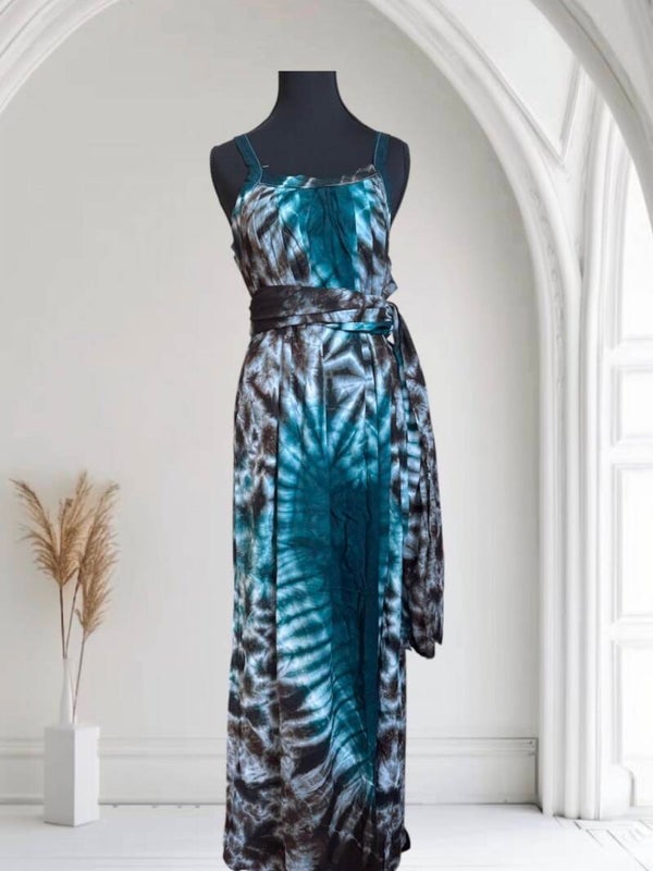 African Dira Somali Two-Piece Dress – Sleeveless (Deep Blue/White/Brown)