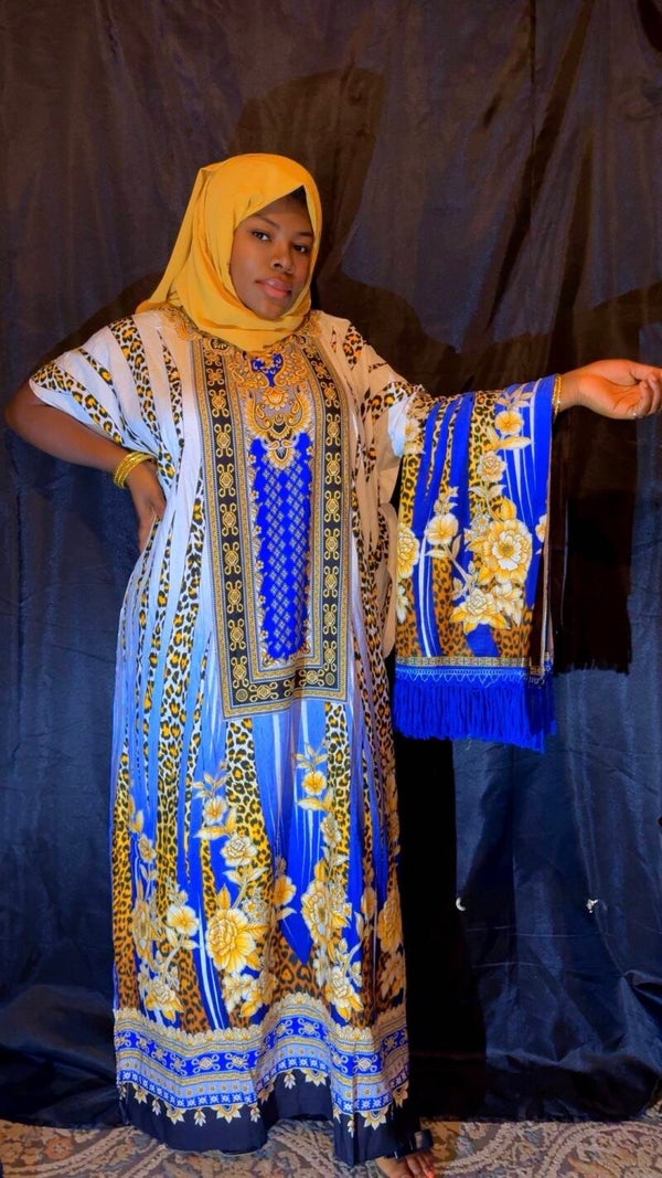 African post-print khaftn. Dira, two pieces short sleeves dress and long head wrap. Perfect for party and casual wear