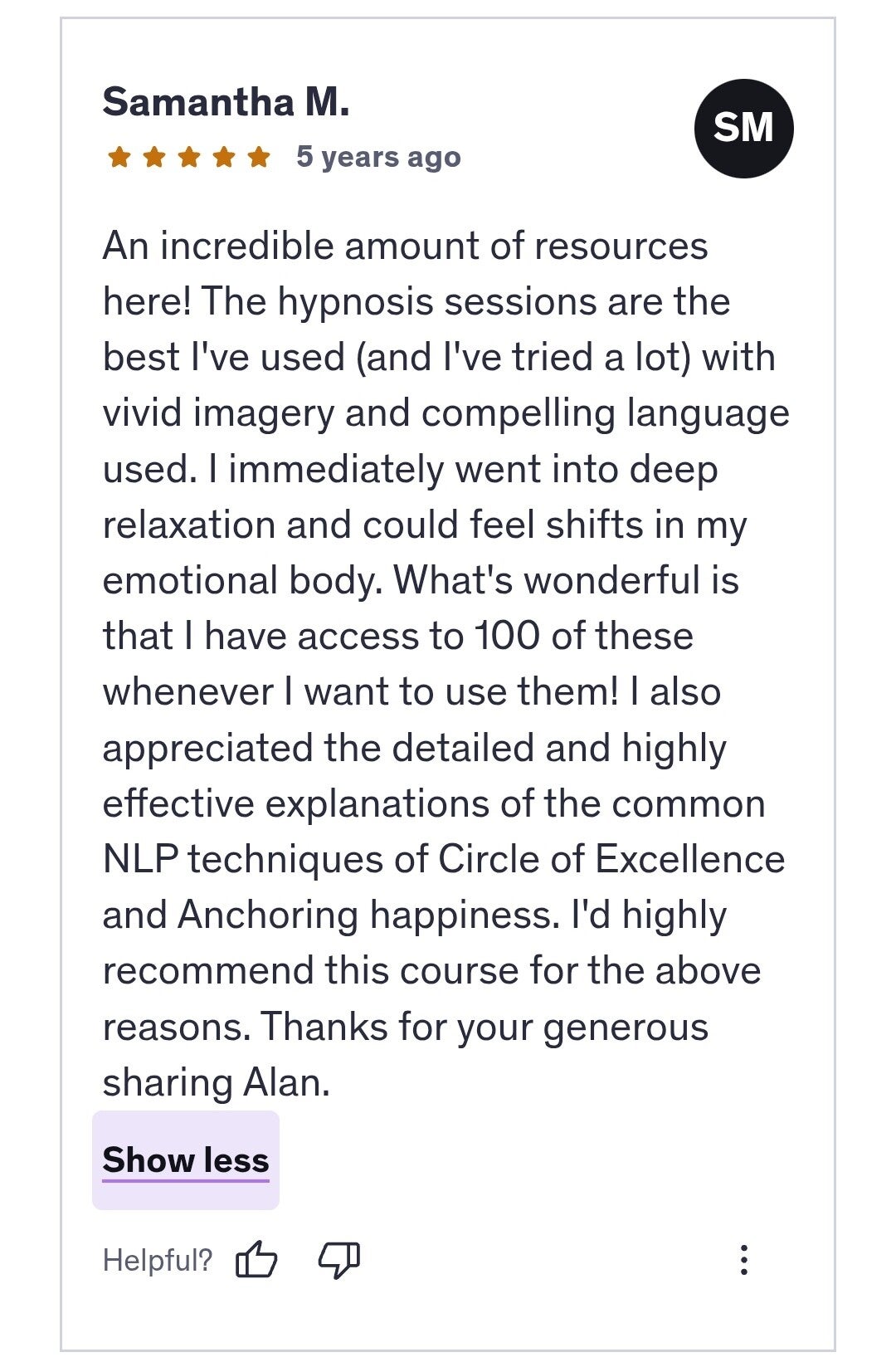 Samantha M  review of alan kirwans self help program 101 Hypnosis Downloads on udemy