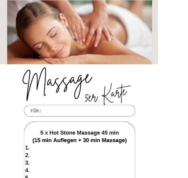 Massage 5er Karte Hot Stone 45 min (15 min Auflegen der Steine + 30 min Massage mit den warmen Steinen)
