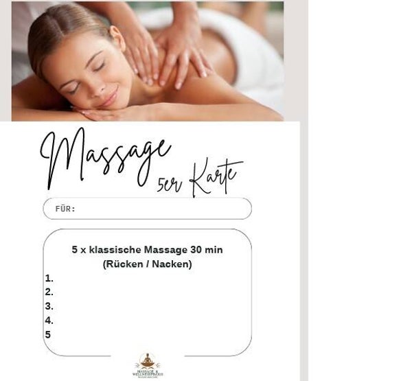 Massage 5er Karte klassische Massage (Rücken/Nacken) 30min