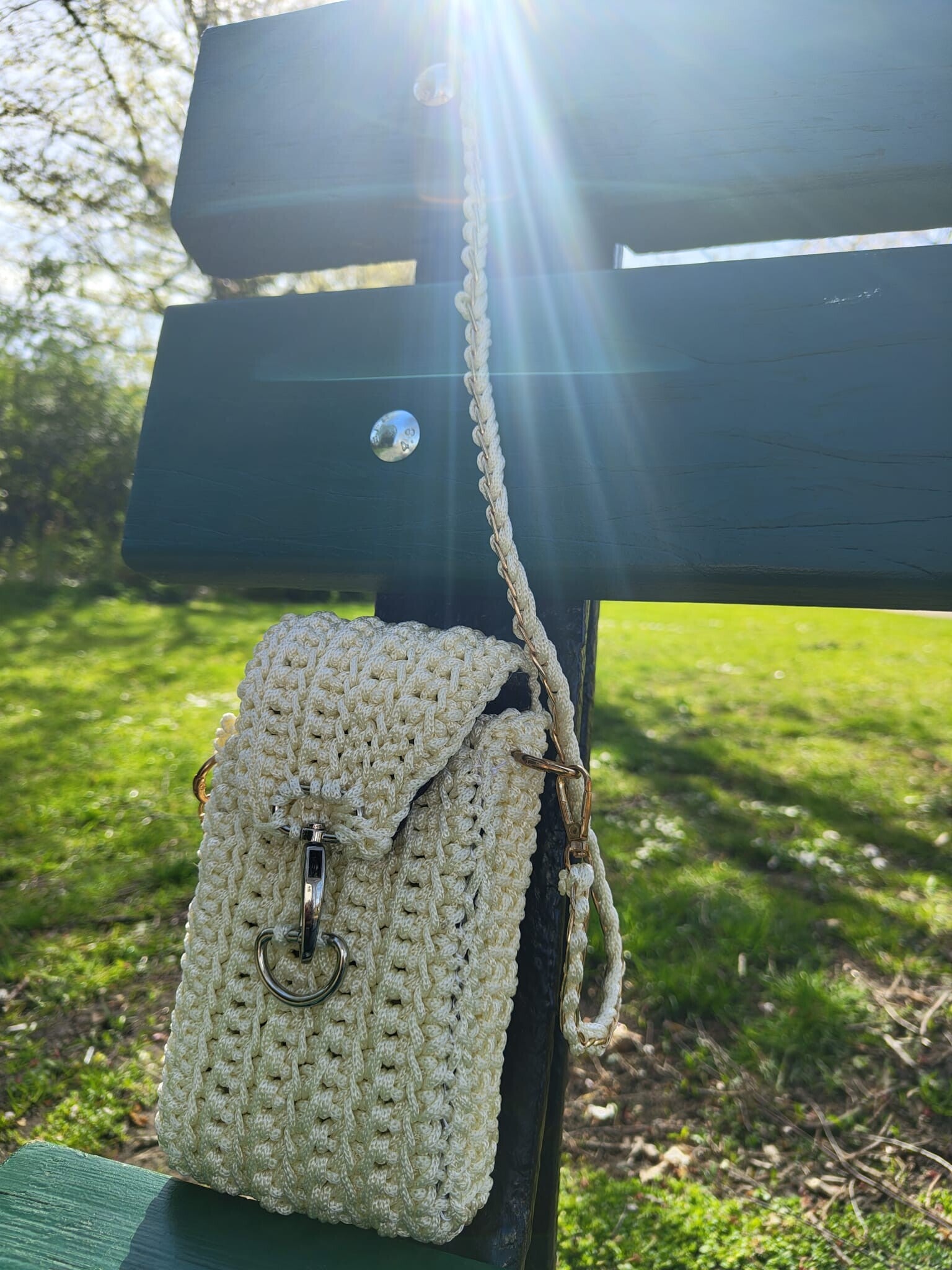 Handmade White Crochet Phone Bag with Crossbody Strap